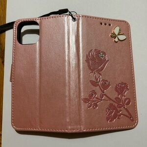 Pink Floral Roses Butterfly Faux Leather IPhone 14 Phone Card Case Wristlet